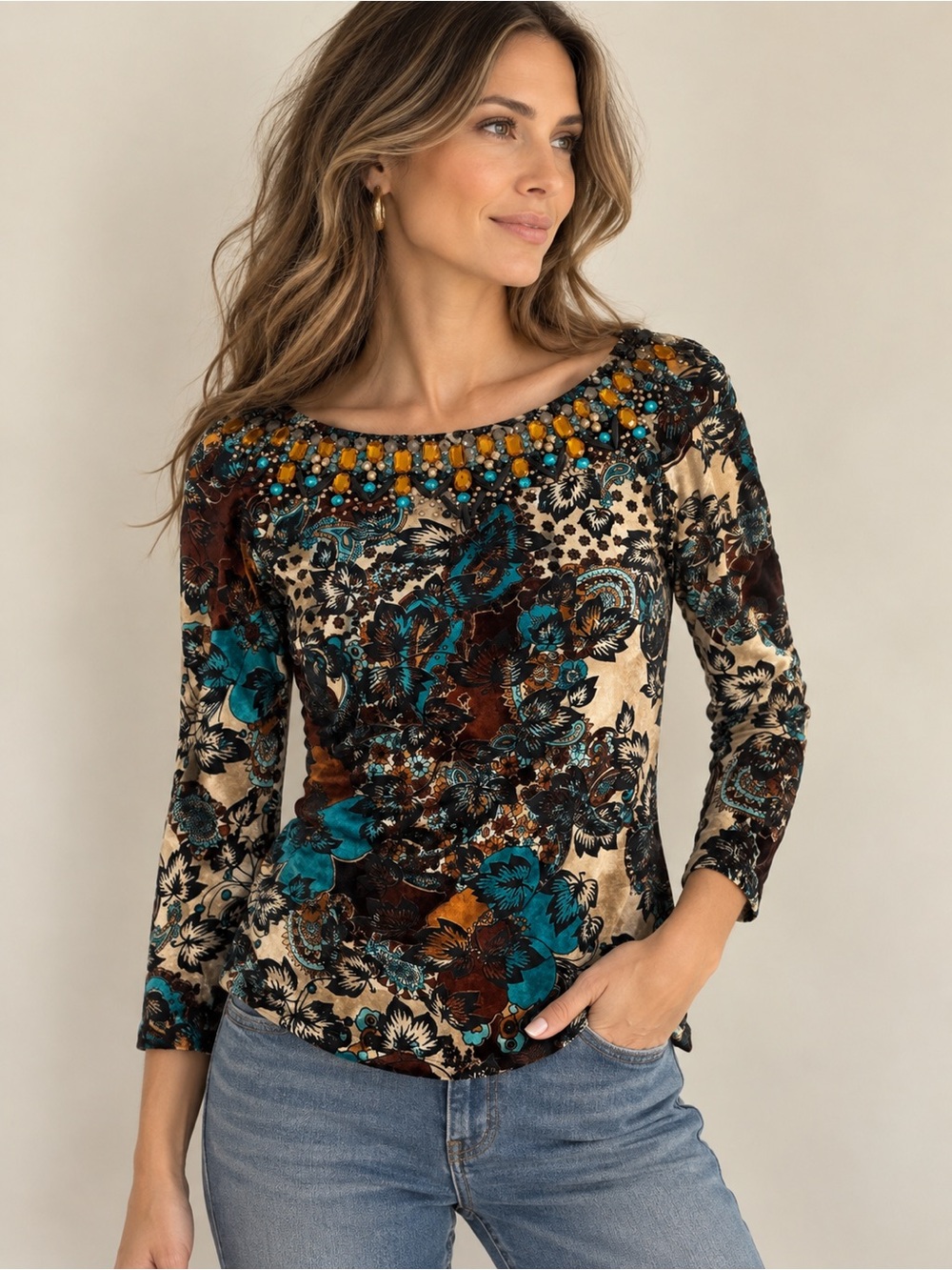 Cache Jeweled Floral Velvet Top Embellished Boho Y2K Size S